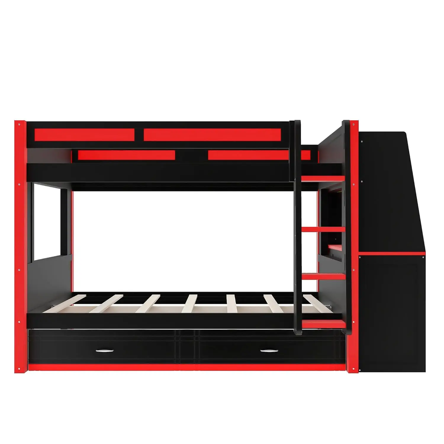 Full Size Gaming Bunk Bed with Desk, LED Lights & Trundle