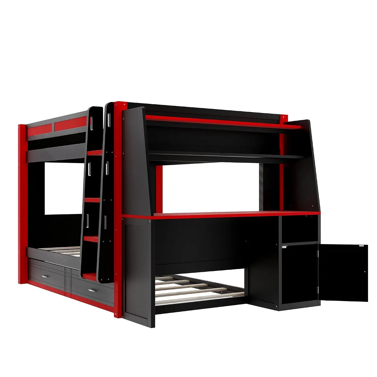 Full Size Gaming Bunk Bed with Desk, LED Lights & Trundle