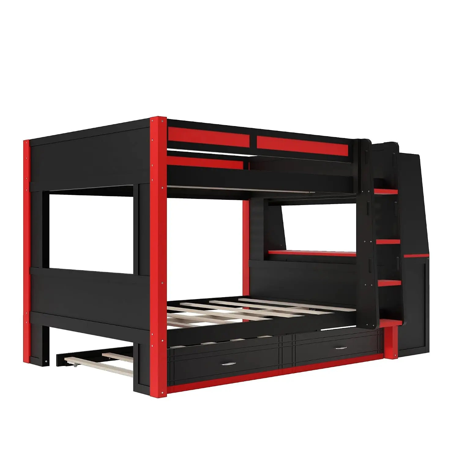 Full Size Gaming Bunk Bed with Desk, LED Lights & Trundle