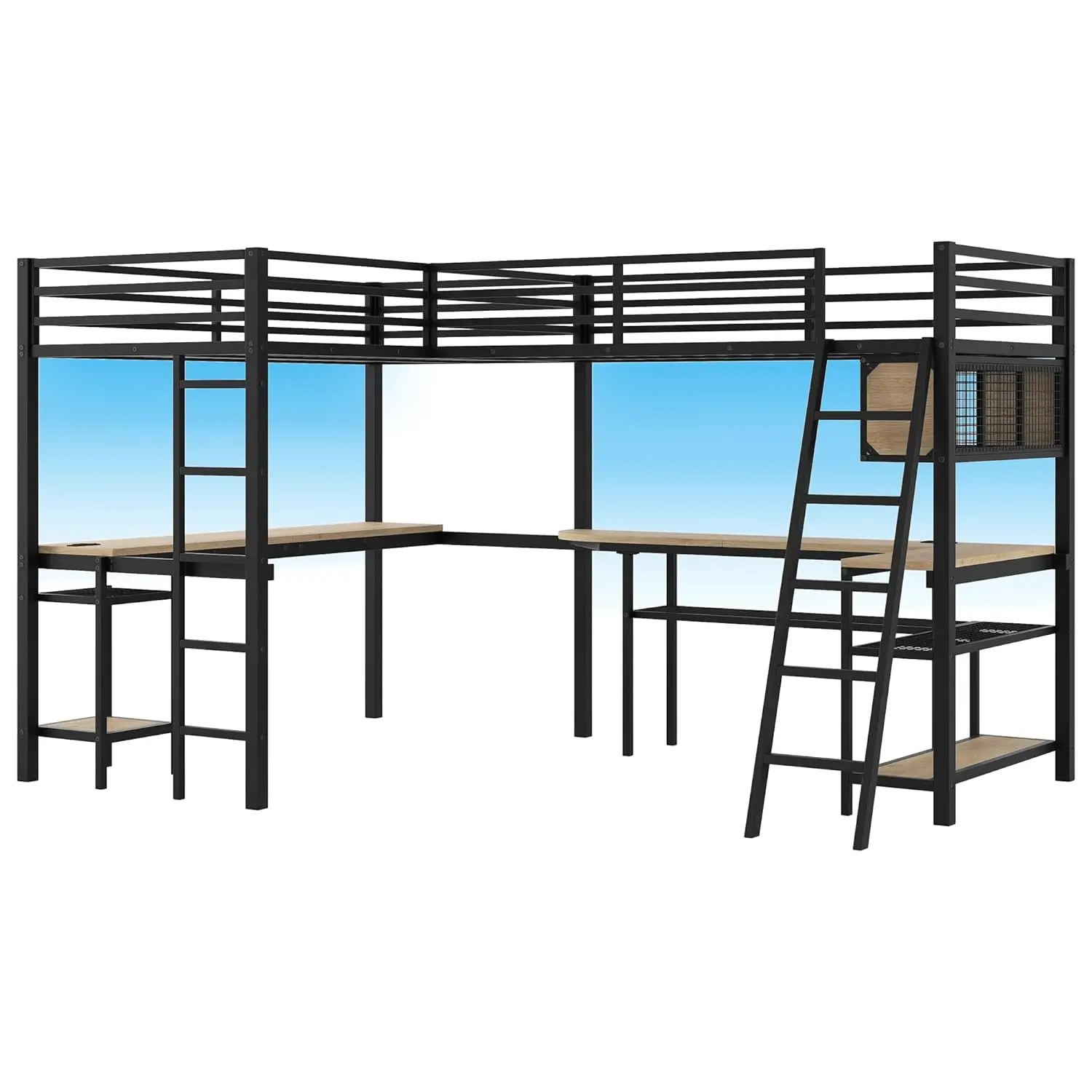 Double Loft Bed Twin Size with Desk and Shelves for Storage, Heavy Duty Metal Loft Bed Frame with LED and Charging, Customized