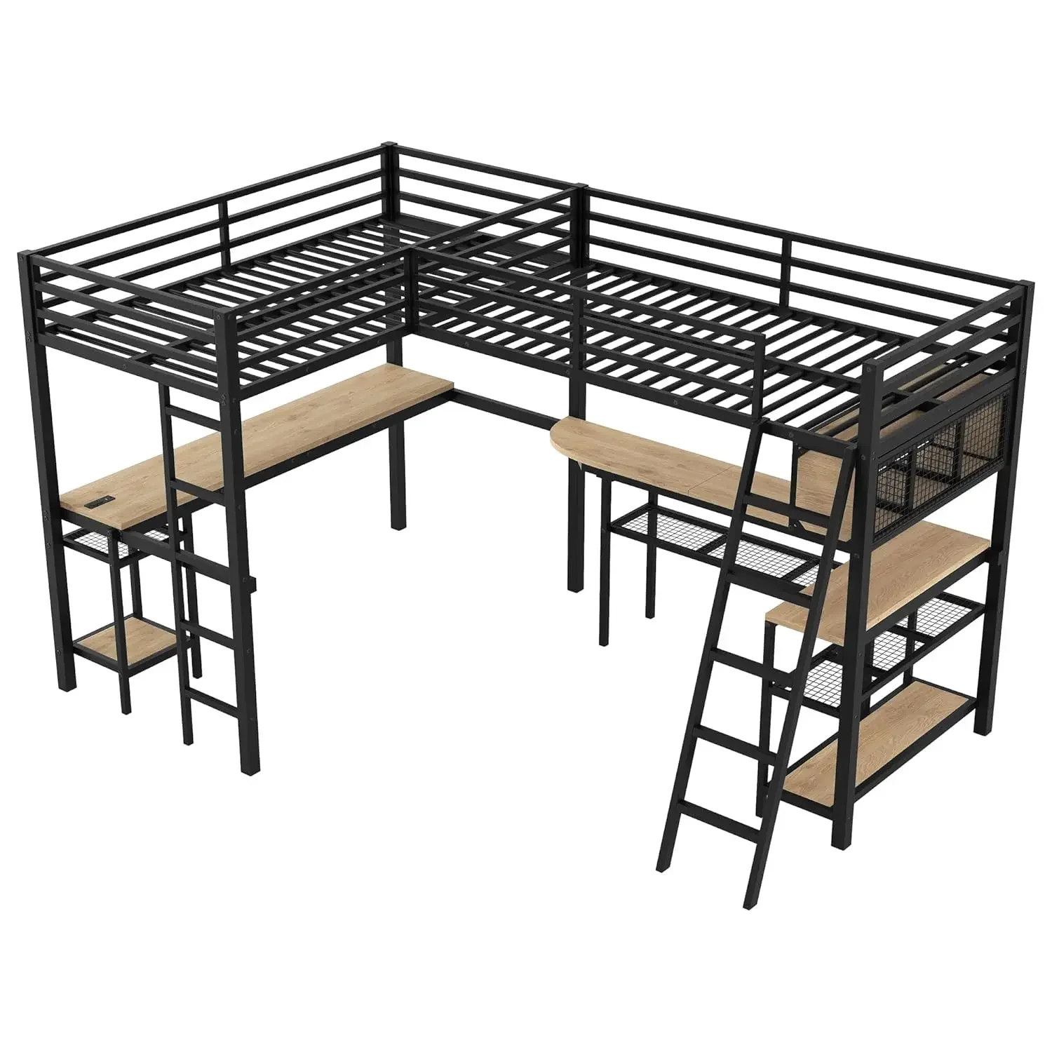 Double Loft Bed Twin Size with Desk and Shelves for Storage, Heavy Duty Metal Loft Bed Frame with LED and Charging, Customized