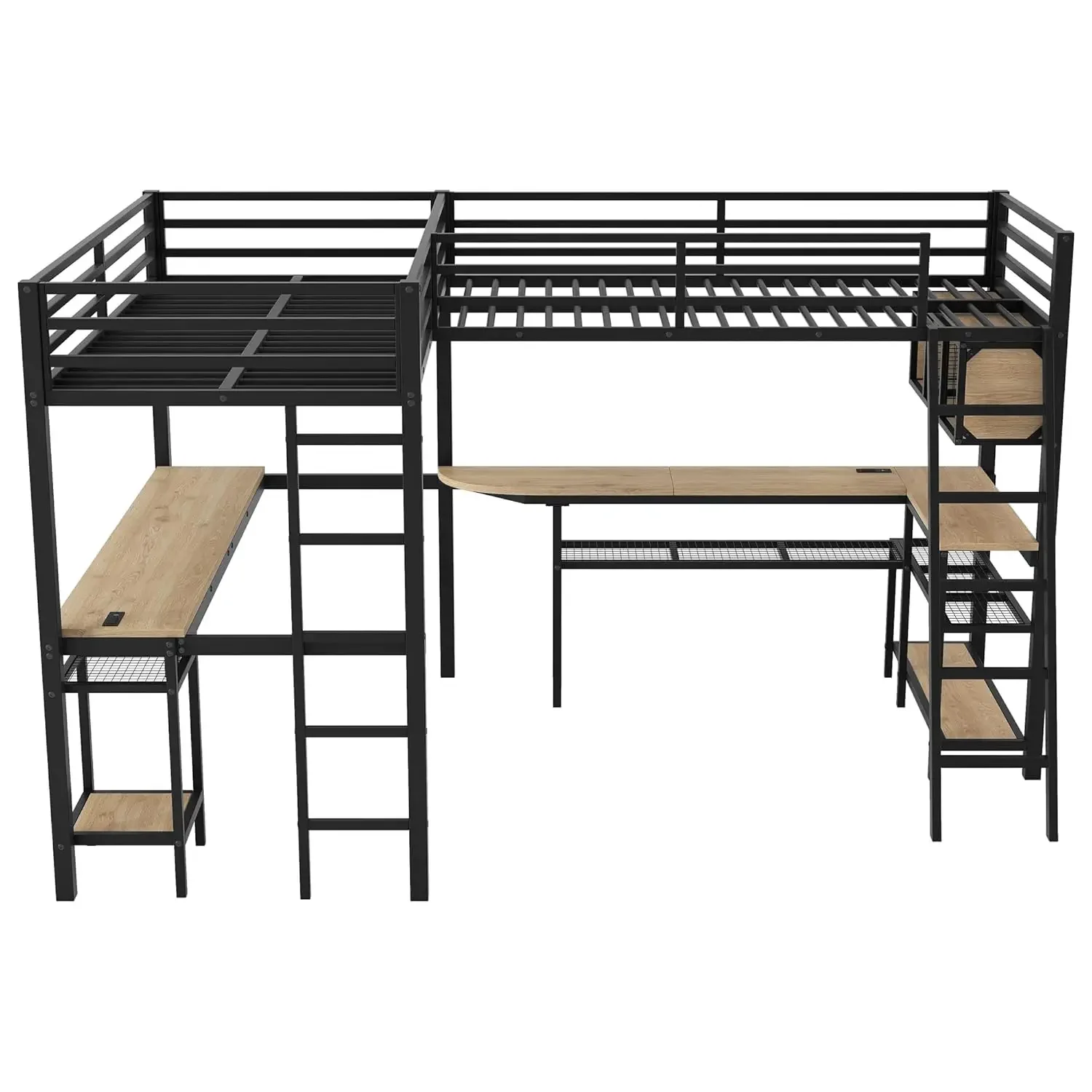 Double Loft Bed Twin Size with Desk and Shelves for Storage, Heavy Duty Metal Loft Bed Frame with LED and Charging, Customized