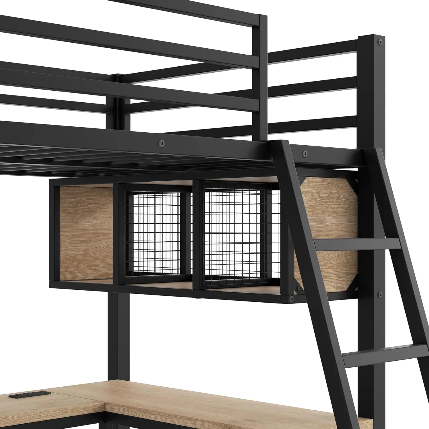 Double Loft Bed Twin Size with Desk and Shelves for Storage, Heavy Duty Metal Loft Bed Frame with LED and Charging, Customized