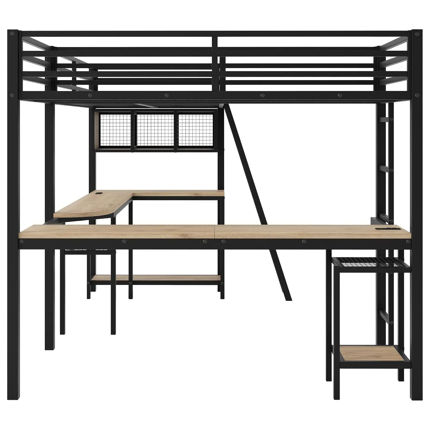 Double Loft Bed Twin Size with Desk and Shelves for Storage, Heavy Duty Metal Loft Bed Frame with LED and Charging, Customized