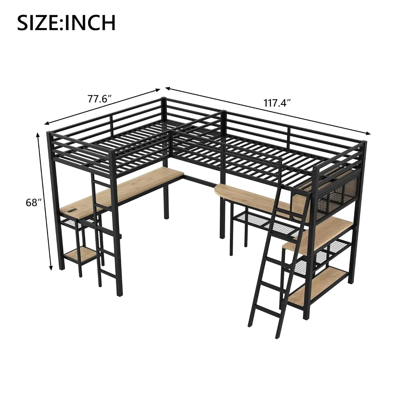 Double Loft Bed Twin Size with Desk and Shelves for Storage, Heavy Duty Metal Loft Bed Frame with LED and Charging, Customized