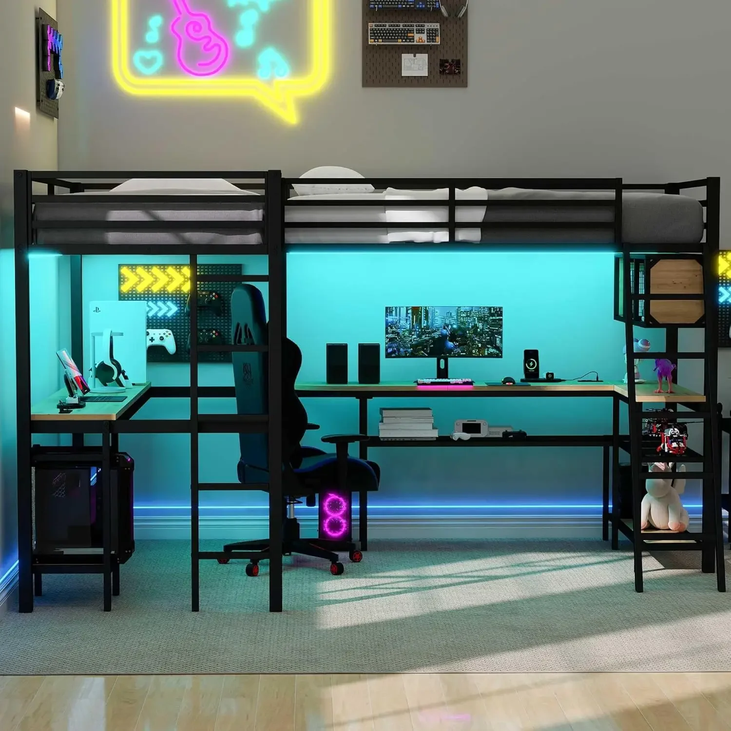 Double Loft Bed Twin Size with Desk and Shelves for Storage, Heavy Duty Metal Loft Bed Frame with LED and Charging, Customized