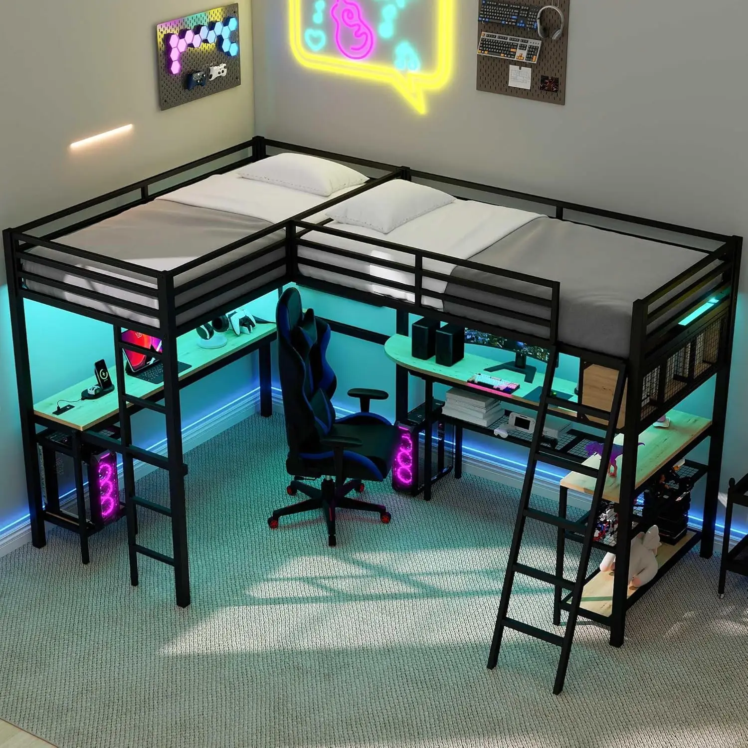 Double Loft Bed Twin Size with Desk and Shelves for Storage, Heavy Duty Metal Loft Bed Frame with LED and Charging, Customized