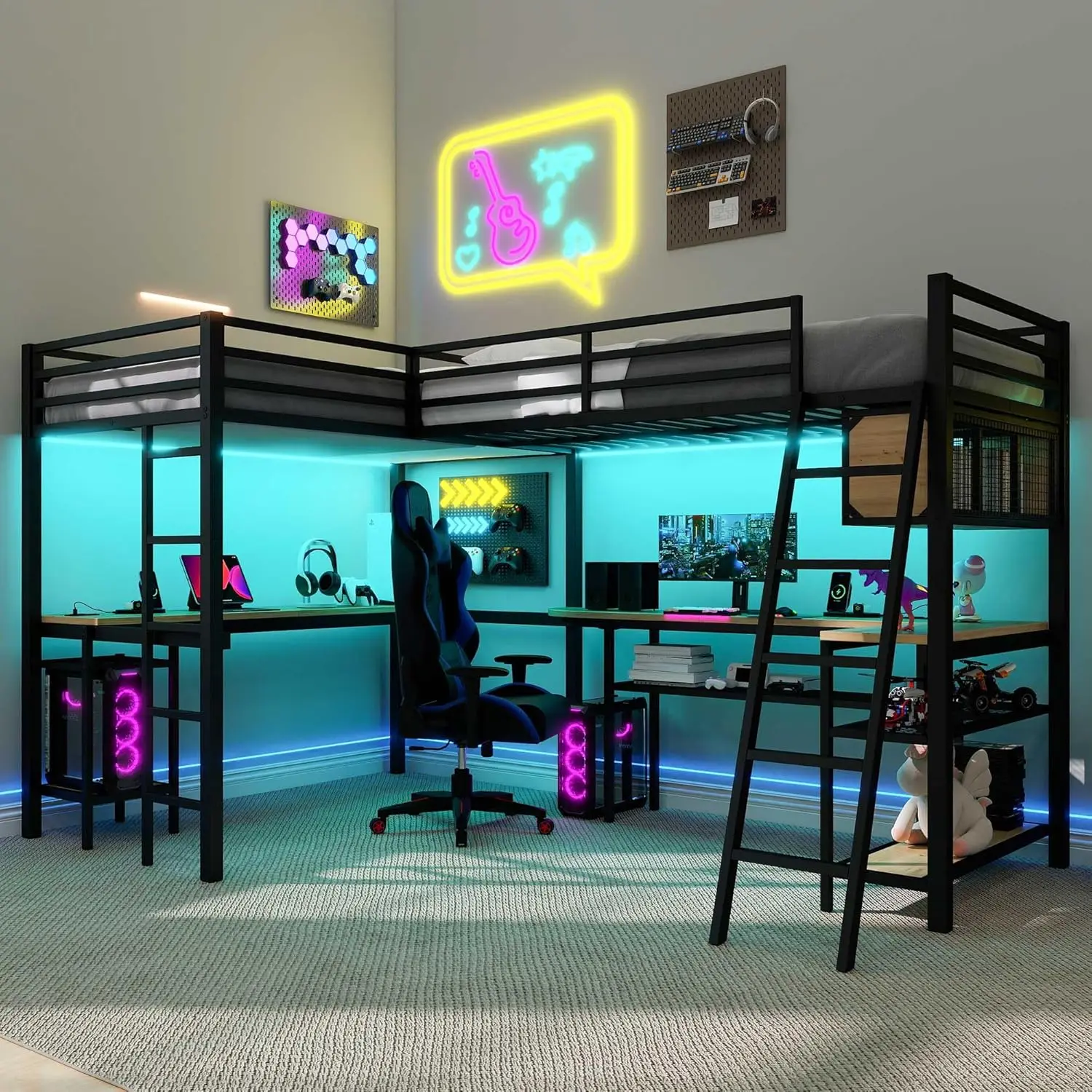 Double Loft Bed Twin Size with Desk and Shelves for Storage, Heavy Duty Metal Loft Bed Frame with LED and Charging, Customized